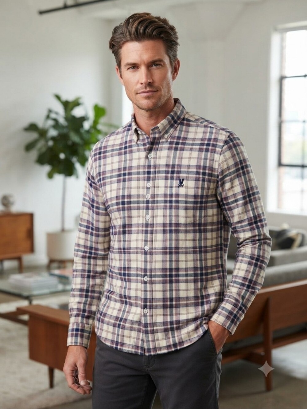 Psycho Bunny Cream and Navy Plaid Button-Down Shirt,  Size Large